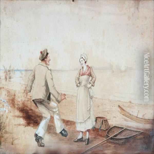 Two Love Scenes With Sailor And Fisher Flirting With A Woman Oil Painting - Hans Christian Koefoed