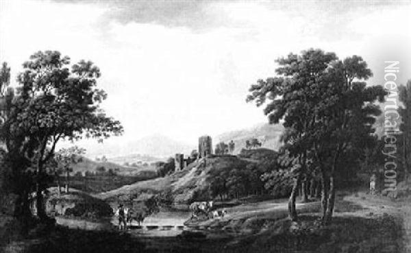 Extensive Landscape With Animals Fording A Stream, Castle Beyond Oil Painting - George Barret