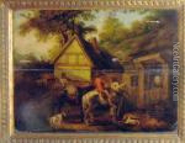 Figures At A Barn Oil Painting - George Morland