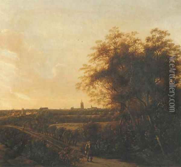 A wooded landscape with a sportsman and his dog on a sandy road, a view of The Hague in the distance Oil Painting - Anthony Jansz van der Croos