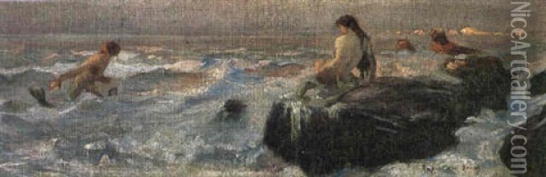 Sea Idyll-mermaids Playing Oil Painting - Rupert Bunny
