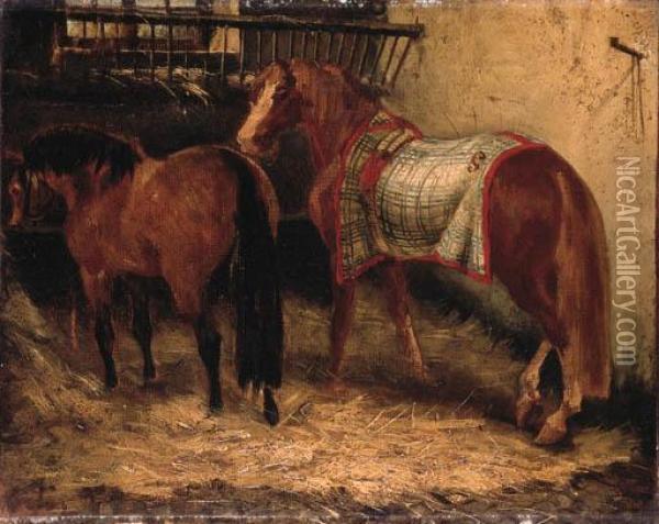 Deux Chevaux Dans Une Ecurie Oil Painting - Theodore Gericault