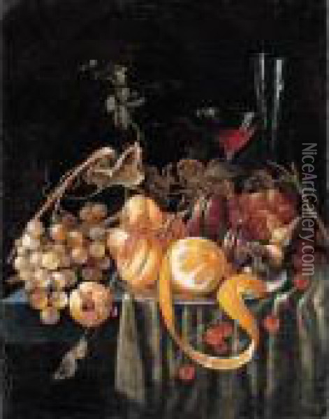 A Still Life Of Grapes, 
Apricots, Plums, Cherries And A Peeled Orange, Together With Glasses On A
 Table Oil Painting - Jan Davidsz De Heem