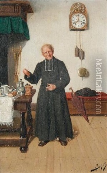 Avant Le Sermon (+ Apres Le Repas; Pair) Oil Painting - Adolf Schill