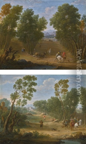 A Pair Of Wooded Landscapes With Elegant Riders Oil Painting - Hendrick Frans van Lint