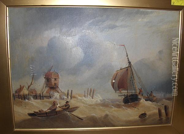 Fishing Smack In A Swell, Signed, Oil On Board Oil Painting - Edward King Redmore