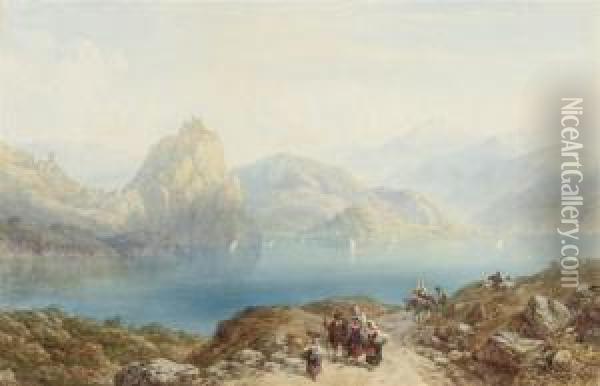 Figures Walking Beside An Italian Lake Oil Painting - Charles Vacher