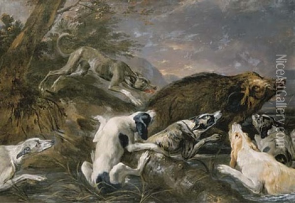 Hounds Attacking A Boar In A River Landscape (also Attributed To Pieter Boel & Studio) Oil Painting - Abraham Danielsz Hondius