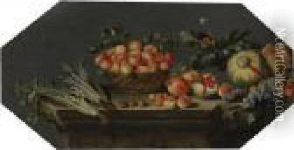Still Life Of Apples In A Basket With Melons, Grapes, Pomegranates, And Figs With Other Fruit And Vegetables On A Stone Ledge Oil Painting - Agostino Verrocchi