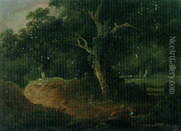Landscape With Gypsies By A Campfire In A Woodland Clearing Oil Painting - John Rathbone
