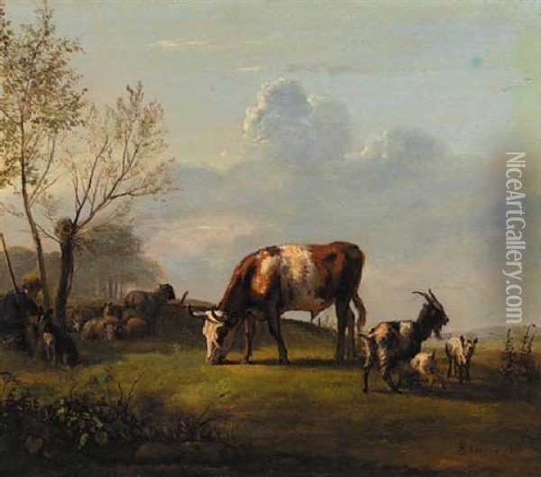 A Shepherd With His Cattle In A Meadow Oil Painting - Pieter Gerardus Van Os