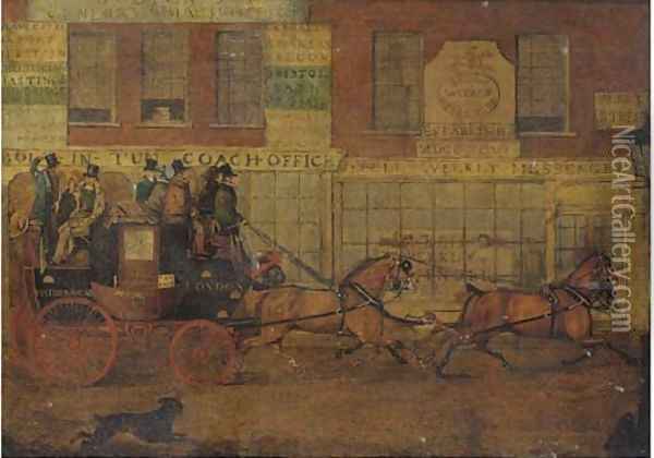 The London to Reading mail coach passing the Bolt-In-Tun General coach office Oil Painting - James Pollard