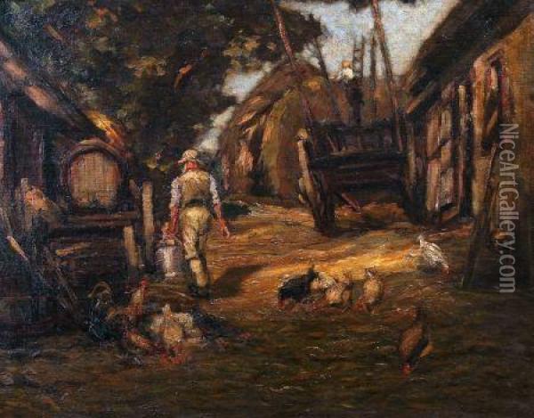 Farmyard Scene With Figure And Chickens Oil Painting - John Falconar Slater