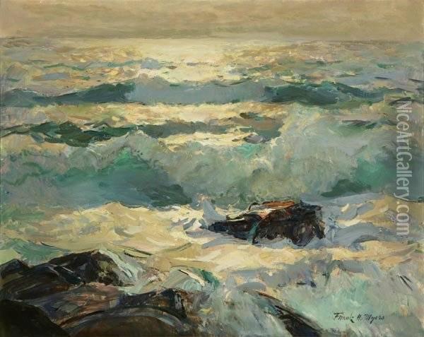 Gleaming Pacific
, Opalescent Seascape, Signed Lower Right: Frank H. Myers, Oil On Canvasboard, 16x20, Est:$3000/5000. Provenance: Private Collection, Orange County, Ca Oil Painting - Frank Harold Hayward