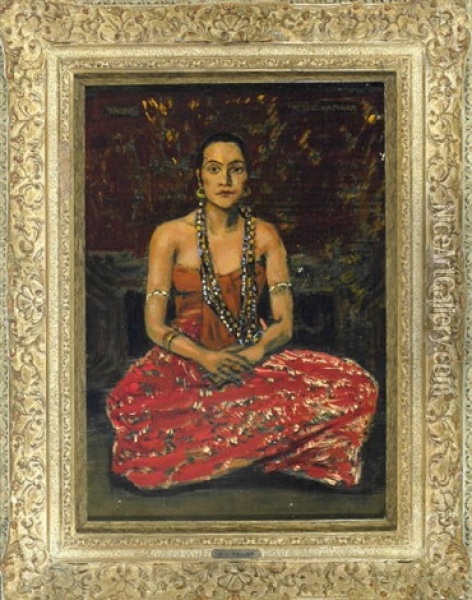 Portrait Einer Sudlandischen Frau Im Roten, Schulterfreien Kleid Oil Painting - Albert von Keller