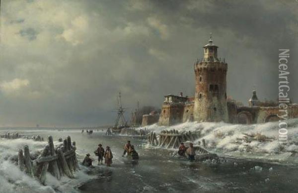 A Frozen River Landscape Oil Painting - Lodewijk Johannes Kleijn