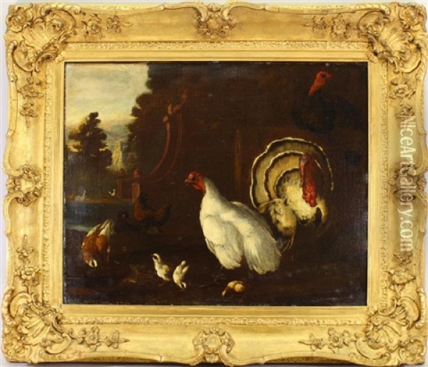 Painting Of Turkeys, Chickens In A Landscape Oil Painting - Pieter Casteels III