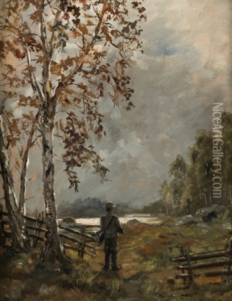 Hunter In Autumn Landscape Oil Painting - Otto Vladimir Wallenius