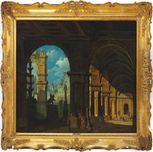 A Capriccio Of Classical Buildings Oil Painting - Giovanni Niccolo Servandoni