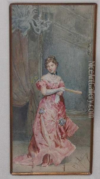 Elegant Lady With A Fan Oil Painting - Pierre Joseph Antoine