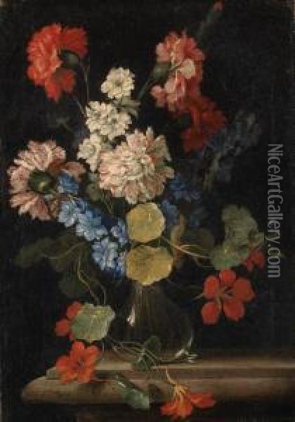 Carnations, Nasturtiums And Other Flowers In A Vase On A Stoneledge Oil Painting - Nicolo Stanchi