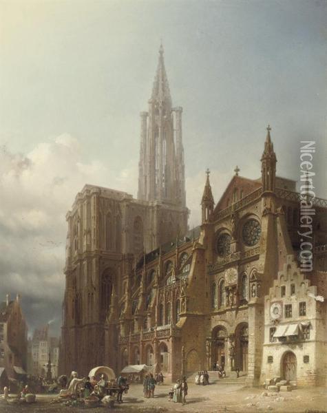 Marketday On The Square In Front Of The Cathedral Of Strasbourg Oil Painting - Friedrich Eibner