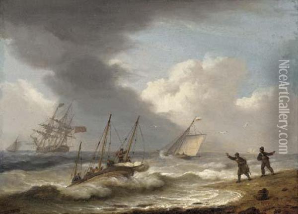 A Frigate Hove-to Offshore Waiting For The Pilot Oil Painting - Thomas Luny