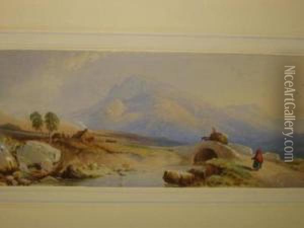 Mountain Landscape With Figures Crossing A Bridge Oil Painting - Thomas Miles Richardson