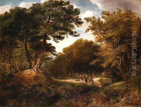 Travelers on a wooded path Oil Painting - English School