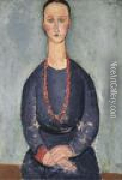 Donna Con Collana Rossa Oil Painting - Amedeo Modigliani