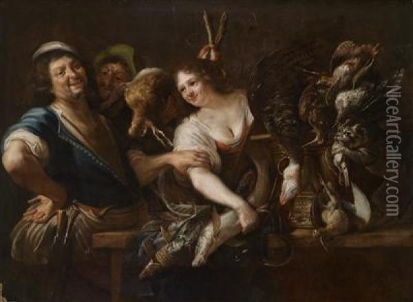 A Huntsman And A Maid With Fish And Game In A Kitchen Interior Oil Painting - Christian Gillisz. Van Couwenbergh