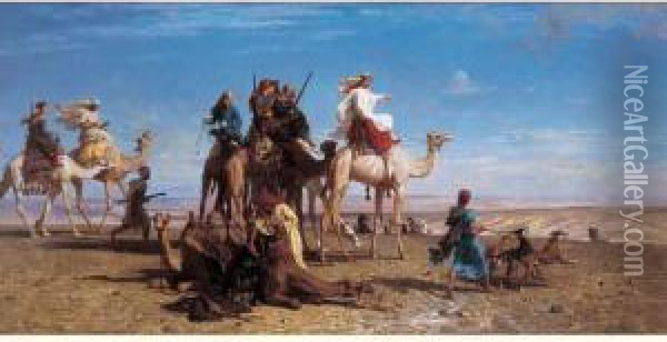 Le Depart Pour La Chasse, Palestine. Oil Painting - Leon Adolphe Belly