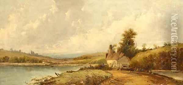 A cottage on the bend of a river Oil Painting - A.H. Vickers