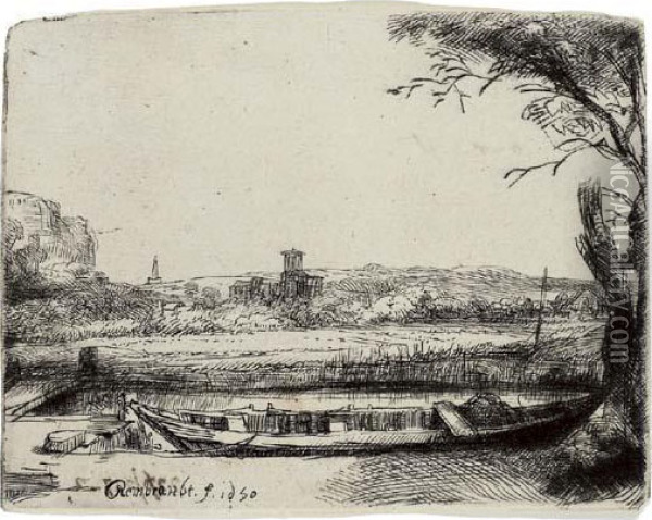 A Canal With A Large Boat And Bridge Oil Painting - Rembrandt Van Rijn