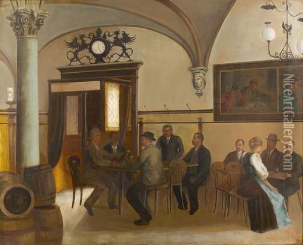 Gesellschaft Im Gasthaus. Oil Painting - Hans Emmenegger