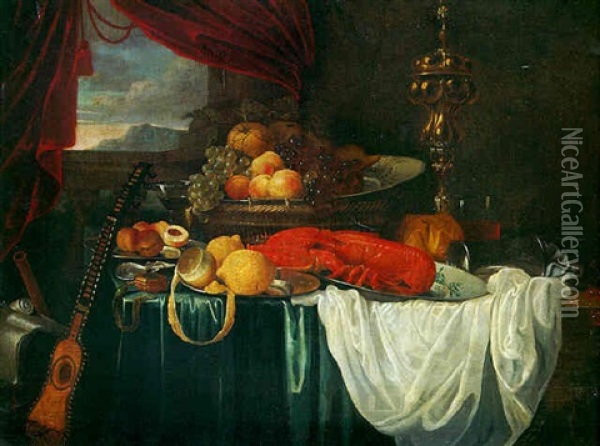 A  'pronk' Still Life With Grapes, Peaches And Pears On A Wan-li-dish On A Basket, A Lobster, On A Plate Lemon And Peaches In Pewter Plate On A Draped Table Oil Painting - Jan Pauwel Gillemans The Elder