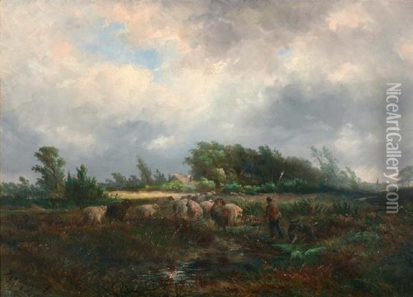Schaapsherder In Landschap Met Dreigendewolkenlucht Oil Painting - Albert Jurardus van Prooijen