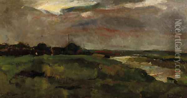 Zomerregen A polderlandscape in grey weather Oil Painting - George Hendrik Breitner
