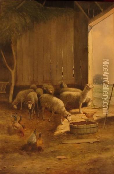 Sheep And Chickens Oil Painting - Reuben Le Grand Johnston