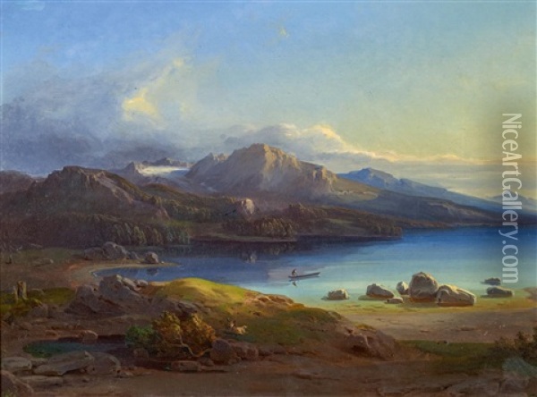 Landschaft An Einem Bergsee (im Salzkammergut?) Oil Painting - Leopold Rottmann