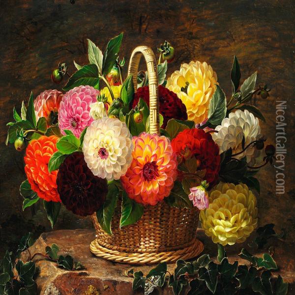 Dahlias In A Basket Oil Painting - Johan Laurentz Jensen