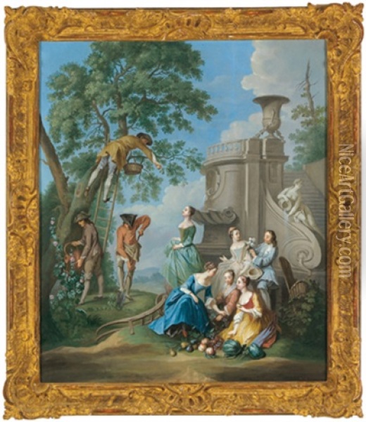 Elegante Gesellschaft Bei Der Obsternte, Allegorie Des Sommers Oil Painting - Jacques de Lajoue