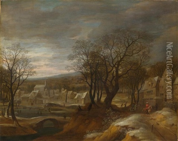 Dorf Im Winter Mit Einem Reiter Oil Painting - Daniel van Heil