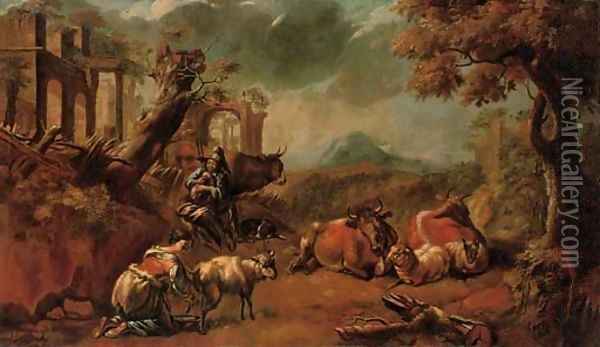 An Italianate landscape with a shepherd playing a doodlesack Oil Painting - Philipp Peter Roos