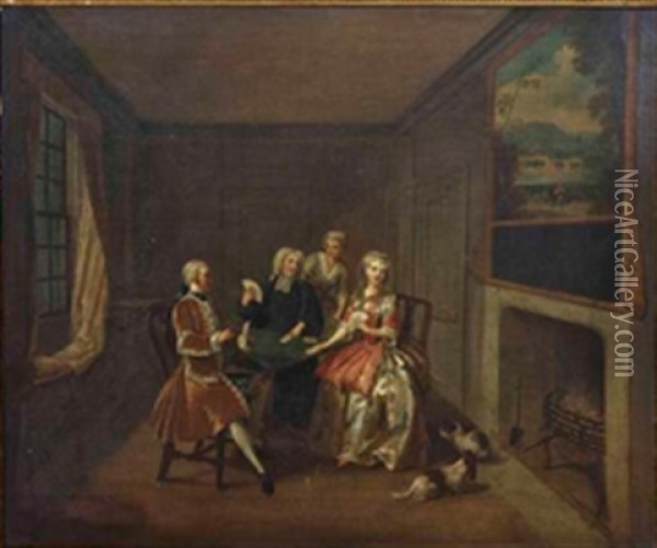 A Game Of Cards, In An Early Georgian Interior, With A Maid-servant Pouring A Glass Of Wine, A Cat And Dog By The Fire Oil Painting - Gawen Hamilton