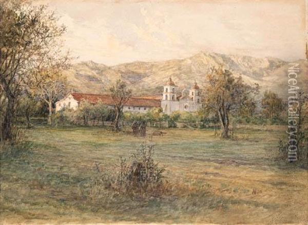 Santa Barbara Mission Oil Painting - Alexander F. Harmer