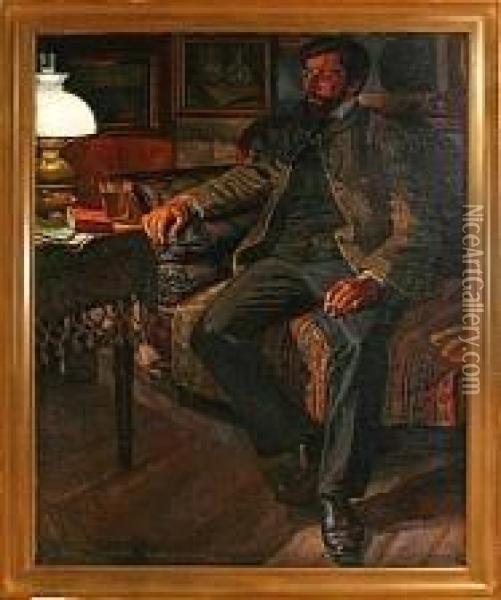 Portraet Af Maleren Marius Hammann I Interior Med Lampelys Oil Painting - Edvard Weie