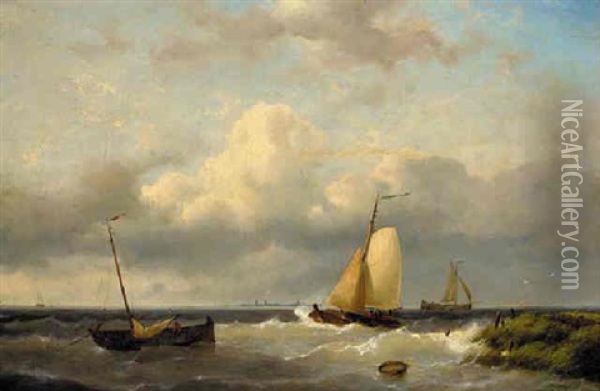 Fishing Boats Off The Dutch Coast Oil Painting - Johannes Hermanus Barend Koekkoek