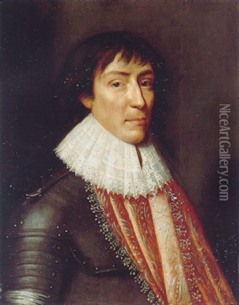 Portrait Of A Gentleman Wearing Armour, A Lace Ruff And An Embroidered Red Cloak Oil Painting - Wybrand Simonsz de Geest the Elder