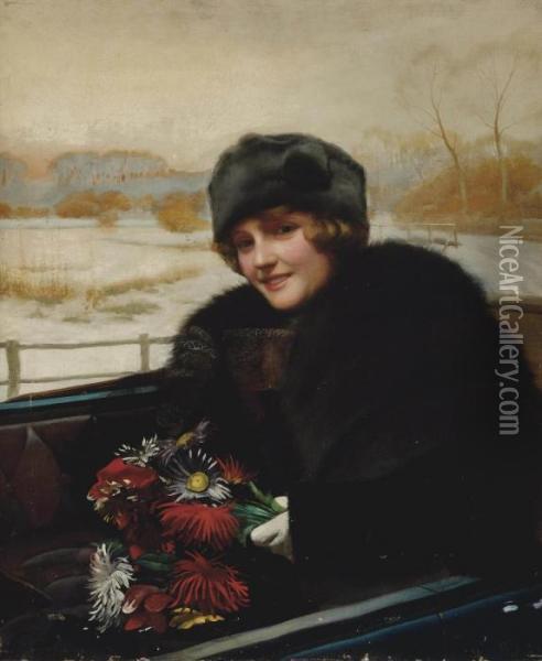 Portrait Of A Lady, Half-length, In An Open Topped Car, A Bunch Of Flowers In Her Hand Oil Painting - Harold Piffard